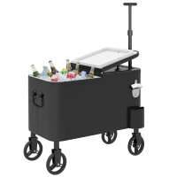 Outsunny 60-Qt Outdoor Patio Cooler Cart, Rolling Ice Chest with Adjustable Handle, Wheels, Bottle Opener, Drainage, Black(m-11)