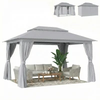Outsunny 10' x 13' Patio Gazebo, UPF50+ Double Roof Outdoor Gazebo Canopy with Netting and Curtains, Steel Frame, Dark Grey(m-11)