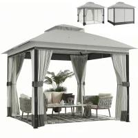 Outsunny 10' x 10' Patio Gazebo, UPF50+ Double Roof Outdoor Gazebo Canopy with Netting and Curtains, Steel Frame, Light Grey(m-11)