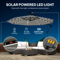 Outsunny 9.7 ft Cantilever Patio Umbrella with Solar Light, Garden Hanging Parasol with Cover, Tilt, Crank, Grey(m-4)