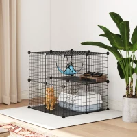PawHut 2 Tier Cat Cage Crate, DIY Pet Playpen with 2 Doors, Ladder, Hammock, Perch, Indoor Playpen for Kittens, Black(m-1)