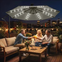 Outsunny 9.7 ft Cantilever Patio Umbrella with Solar Light, Garden Hanging Parasol with Cover, Tilt, Crank, Grey(m-1)