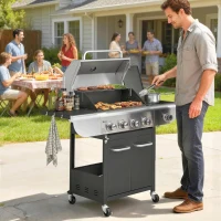 Outsunny 4 Burner Propane Gas Grill with Side Burner, 53,000 BTU BBQ Grill with Cast Iron Grates, Wheels, Warming Rack, Cabinet(m-8)