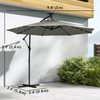Outsunny 9.7 ft Cantilever Patio Umbrella with Solar Light, Garden Hanging Parasol with Cover, Tilt, Crank, Grey(m-3)