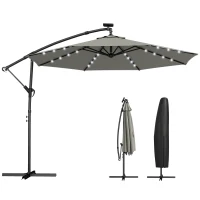 Outsunny 9.7 ft Cantilever Patio Umbrella with Solar Light, Garden Hanging Parasol with Cover, Tilt, Crank, Grey(m-11)