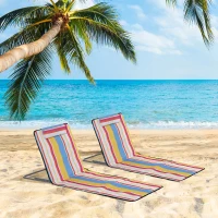 Outsunny Set of 2 Beach Lounge Chair Sun Lounger Beach Mat, Padded Folding Ground Mat Lounge Chair w/Adjustable Back, Steel Frame, Head Pillow and Carry Bag for Backyard Lakeside, Colorful Stripes(m-8)