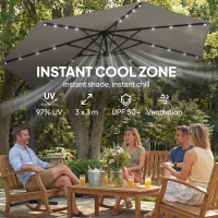 Outsunny 9.7 ft Cantilever Patio Umbrella with Solar Light, Garden Hanging Parasol with Cover, Tilt, Crank, Grey(m-5)
