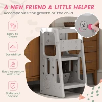 Qaba Toddler Tower with Adjustable Height, Toddler Kitchen Stool Helper with Anti-slip Mat, Step Stool for Kitchen, Bathroom, Gray(m-7)