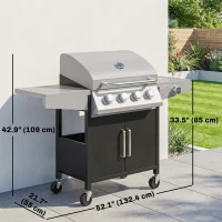 Outsunny 4+1 Burner Liquid Propane Gas Grill, Outdoor Portable BBQ Grill with Side Burner, Warming Rack, Side Shelf(m-3)