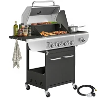Outsunny 4 Burner Propane Gas Grill with Side Burner, 53,000 BTU BBQ Grill with Cast Iron Grates, Wheels, Warming Rack, Cabinet(m-11)
