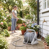 Outsunny Portable Garden Hose Reel, 1/2" x 66ft Wall Mounted Hose Reel with 2 Patterns Spray Nozzle and Crank Handle, Grey(m-10)