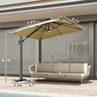 Outsunny 10ft. Solar LED Cantilever Umbrella, Offset Hanging Umbrella with 360°Rotation, Cross Base, 8 Ribs, Tilt and Crank for Yard, Khaki(m-3)