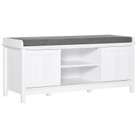 HOMCOM Entryway Shoe Bench Storage Ottoman with Sliding Doors, Adjustable Shelving, 6 Compartments, and Padded Seat, Holds 10 Pairs, White(m-1)