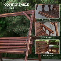 Outsunny 3 Seat Wooden Porch Swing with Stand, Patio Swing with Side Tables, for Garden, Poolside, Backyard, Carbonized Brown(m-7)