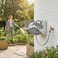 Outsunny Portable Garden Hose Reel, 1/2" x 66ft Wall Mounted Hose Reel with 2 Patterns Spray Nozzle and Crank Handle, Grey(m-1)