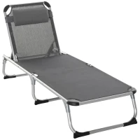 Outsunny Folding Lounge Chair, Aluminum Frame Tanning Chair, Patio Lounger with Headrest, 5-Level Adjustable Backrest, Grey(m-2)