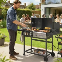 Outsunny Dual Fuel BBQ Grill, Charcoal and 2+1 Gas Burner Barbecue Grill with Wheels, Warming Rack, Black(m-1)