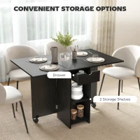HOMCOM Folding Dining Table with Storage, Drop Leaf Kitchen Table with Drawer and Shelves for Small Spaces, Black(m-4)