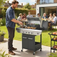 Outsunny 4 Burner Propane Gas Grill with Side Burner, 53,000 BTU BBQ Grill with Cast Iron Grates, Wheels, Warming Rack, Cabinet(m-1)