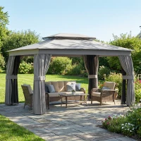 Outsunny 10' x 12.5' Outdoor Gazebo with Curtains and Netting, Double Roof Metal Patio Gazebo Canopy Shelter with Hook, Dark Grey(m-10)