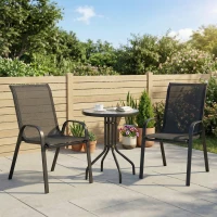Outsunny 3 Pieces Bistro Set, Small Patio Furniture Set with Stackable Mesh Chairs, Glass Table for Garden, Balcony, Black(m-1)