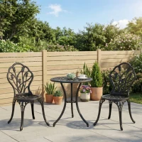 Outsunny 3PCs Patio Bistro Set, Outdoor Cast Aluminum Garden Table and Chairs with Umbrella Hole for Balcony, Black(m-1)