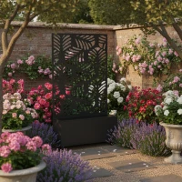Outsunny Metal Planter Box with Trellis, Raised Garden Bed with Monstera Leaf Cut-Out Privacy Screen and Wheels(m-1)