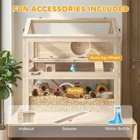 PawHut Wooden Hamster Cage, 3-Tier Small Animal Cage with Hut, Seesaw, Ramps, Exercise Wheel, Acrylic Panel and Bottom Tray(m-6)