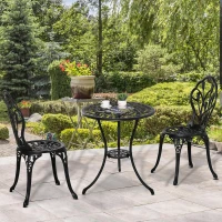 Outsunny 3PCs Patio Bistro Set, Outdoor Cast Aluminum Garden Table and Chairs with Umbrella Hole for Balcony, Black(m-9)
