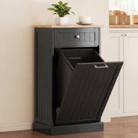 HOMCOM 10 Gallon Tilt Out Trash Cabinet, Wooden Hidden Trash Can with Storage Drawer for Kitchen, Laundry Hamper Cabinet for Bathroom, Black(m-1)