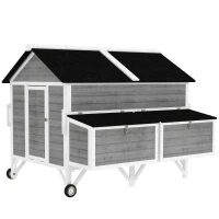 PawHut 59" Wooden Chicken Coop w/ Wheels, Handles, 2 Nesting Boxes, 2 Trays, 4 Perches, Chicken Tractor for 4-6 Chickens, Gray(m-11)