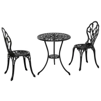 Outsunny 3PCs Patio Bistro Set, Outdoor Cast Aluminum Garden Table and Chairs with Umbrella Hole for Balcony, Black(m-11)