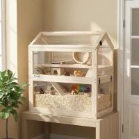 PawHut Wooden Hamster Cage, 3-Tier Small Animal Cage with Hut, Seesaw, Ramps, Exercise Wheel, Acrylic Panel and Bottom Tray(m-10)