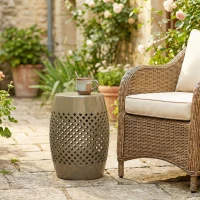 Outsunny 12.4" Steel Patio End Table, Round Hollow Drum Side Table, Accent Table for Indoor and Outdoor, Khaki(m-7)