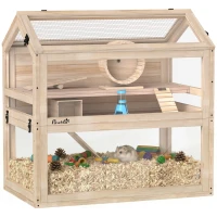 PawHut Wooden Hamster Cage, 3-Tier Small Animal Cage with Hut, Seesaw, Ramps, Exercise Wheel, Acrylic Panel and Bottom Tray(m-11)