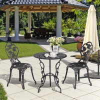 Outsunny 3 Pieces Aluminum Bistro Set, Bistro Table Set Outdoor Patio Furniture with Umbrella Hole, Patio Table and Chairs with Floral Patterns for Garden, Balcony, Porch, Bronze(m-6)