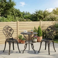 Outsunny 3 Pieces Aluminum Bistro Set, Bistro Table Set Outdoor Patio Furniture with Umbrella Hole, Patio Table and Chairs with Floral Patterns for Garden, Balcony, Porch, Bronze(m-1)