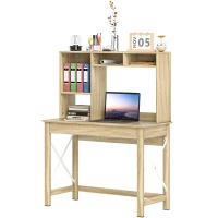 HOMCOM Computer Desk with Hutch, Home Office Table with Storage Shelves and Open Compartments for Writing, Work, Oak(m-12)