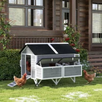 PawHut 59" Wooden Chicken Coop w/ Wheels, Handles, 2 Nesting Boxes, 2 Trays, 4 Perches, Chicken Tractor for 4-6 Chickens, Gray(m-2)