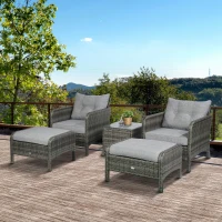 Outsunny 5 Pieces Wicker Patio Furniture Sofa Set Thick Padded Cushions, Outdoor PE Rattan Conversation Coffee Set with Armchairs, Footstools and Glass Top Table, Light Grey(m-10)