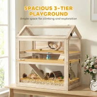 PawHut Wooden Hamster Cage, 3-Tier Small Animal Cage with Hut, Seesaw, Ramps, Exercise Wheel, Acrylic Panel and Bottom Tray(m-4)
