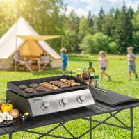 Outsunny Propane Gas Grill with 3 Main Burners, 8530 BTU Outdoor BBQ Grill Cart with Non-Stick Griddle and Lid, Black(m-8)