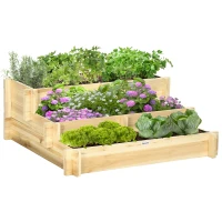 Outsunny 3 Tier Raised Garden Bed, Water Draining Fabric for Soil, Elevated Wood Flower Box for Vegetables, Herbs, Natural(m-1)
