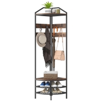 HOMCOM Corner Hall Tree, Industrial 4-Tier Coat Rack with Shoe Storage, 8 Movable Hooks and 2 Shelves for Hallway, Rustic Brown