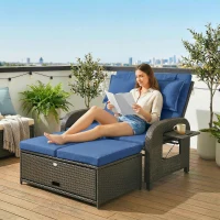 Outsunny Patio Rattan Daybed, Wicker Outdoor Daybed with Storage Ottoman, Loveseat w/ Adjustable Backrest, Side Tables, Navy Blue(m-10)
