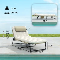 Outsunny Folding Chaise Lounge Pool Chair with 4-level Reclining Back, Cushion, Side Pocket, Headrest, Beige(m-3)