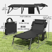Outsunny 75 cm Wide Folding Chaise Lounge Chair Outdoor Tanning Chair, Camping Cot with Cushion, Side Pocket, Grey/Blue(m-3)