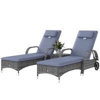 Outsunny 3 Pieces Wicker Patio Lounger Set with Table, PE Rattan Outdoor Lounge Chair Set with Cushions, Wheels, 5-Level Reclining Backrest, Headrest, Grey(m-11)