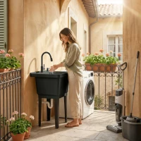 Outsunny Portable 23-Gallon Utility Sink Laundry Tub for Washing Room, Freestanding Laundry Sink with Soap Dispenser, Black(m-10)