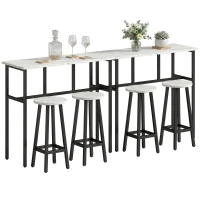 HOMCOM Bar Table Set of 6, Bar Table and Stools for 4, 2 Breakfast Tables and 4 Stools for Living Room, White Marble(m-11)